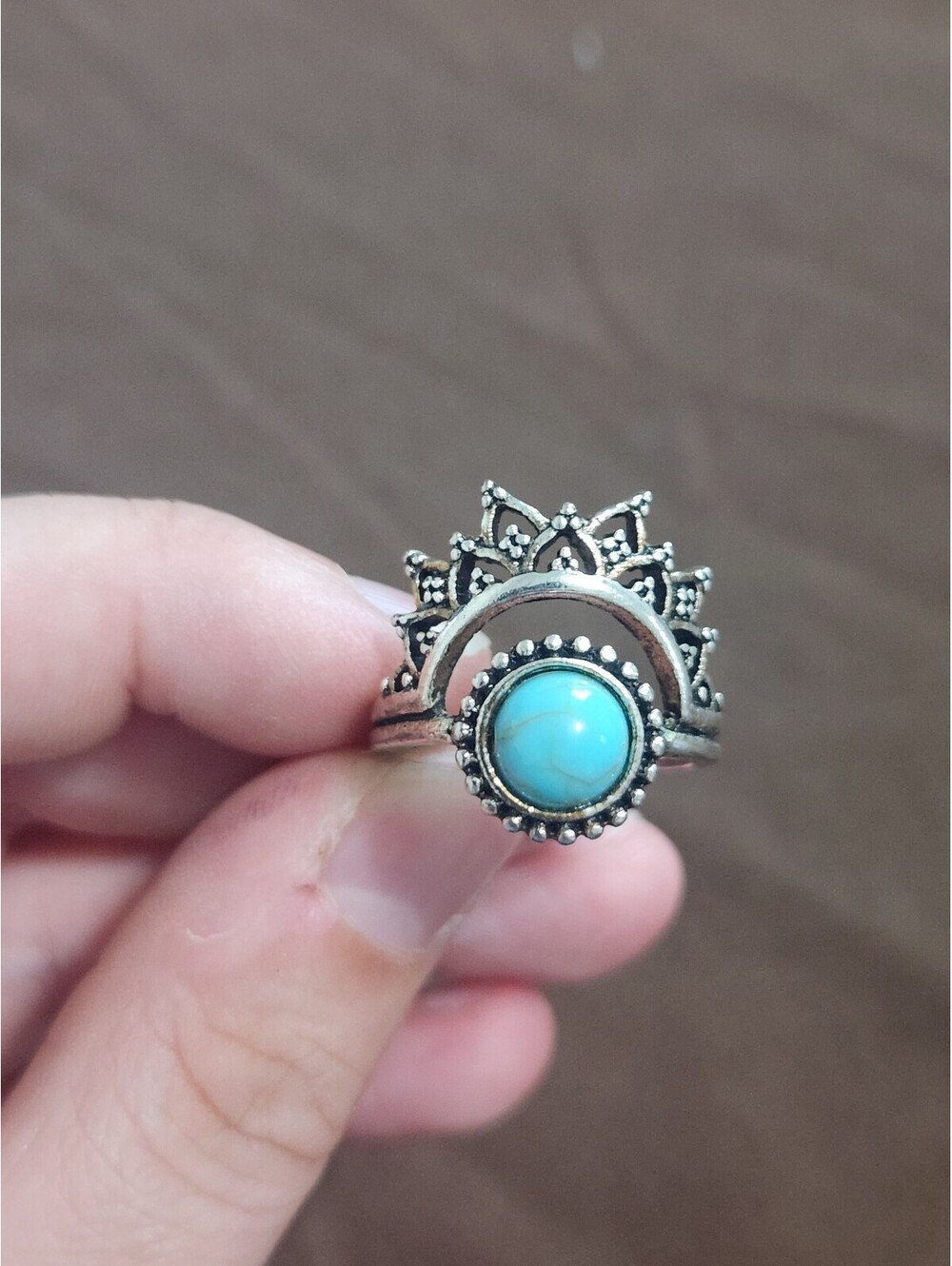Bohemian Style Silver Tone Ring with Faux Turquoise Stone Size 7.5